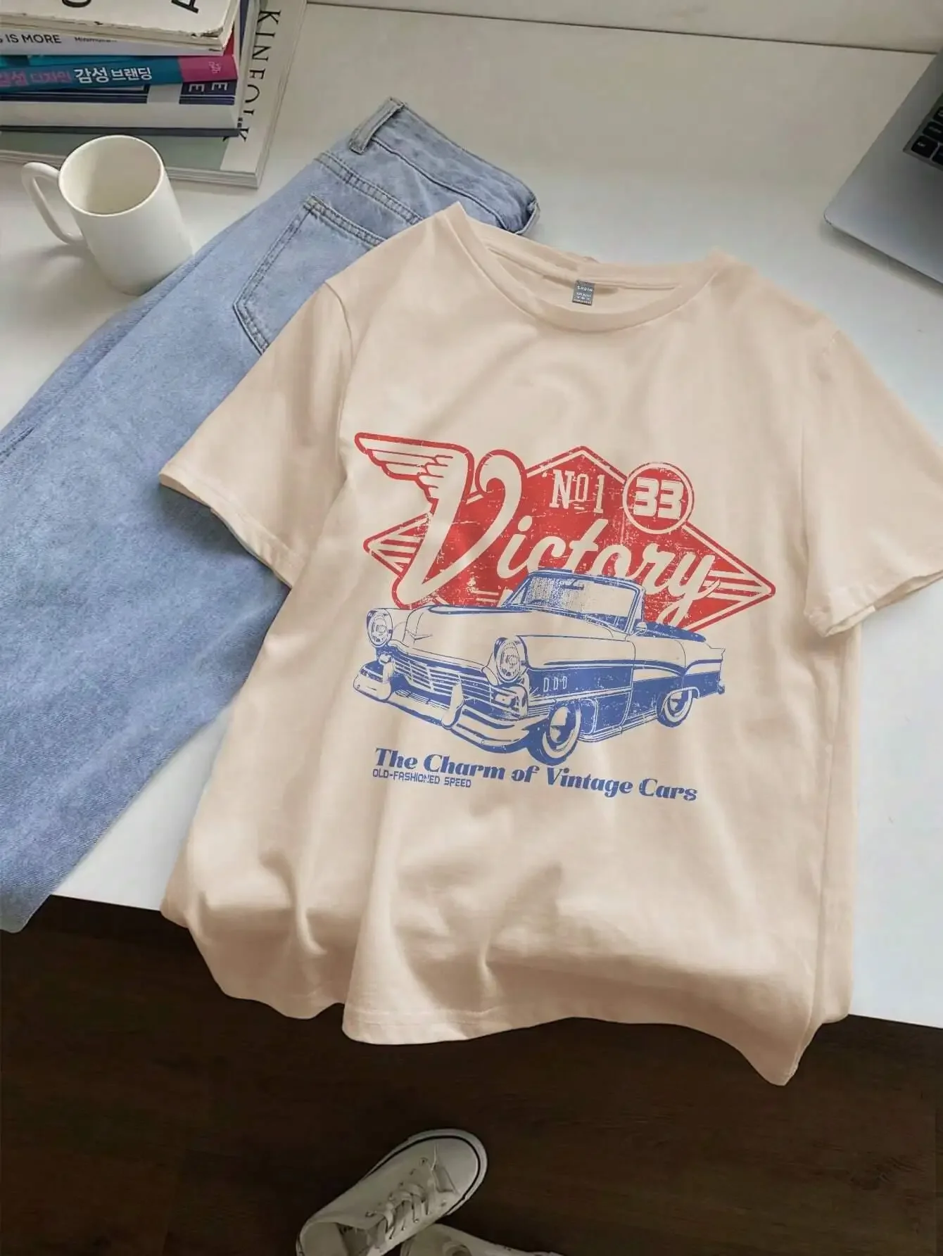 Charme de carros vintage vitória impressão camisa manga curta solta gráfico topos feminino camisetas de algodão streetwear roupas femininas