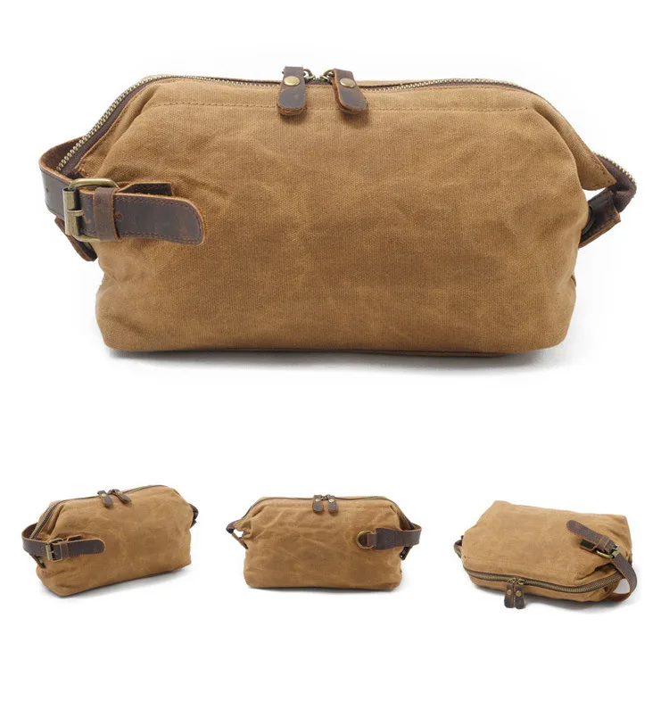 Men's hand grab bag oil wax canvas wash bag retro hand take cowhine stitching hand take makeup bag