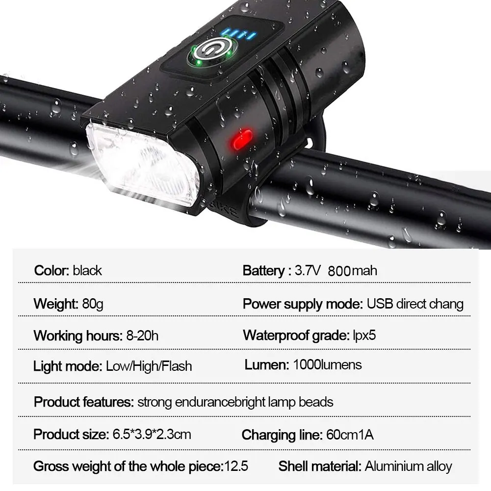 USB 충전식 T6 LED 자전거 조명, BK02 자전거 조명, 6 가지 모드 MTB 손전등, 자전거 헤드라이트, 사이클링 자전거 전면 램프