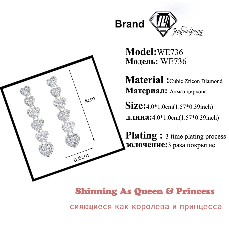 Luxury Long Heart Shape CZ Wedding Earrings for Women Silver Color Elegant Zirconia Dangle Earring Jewelry Gifts