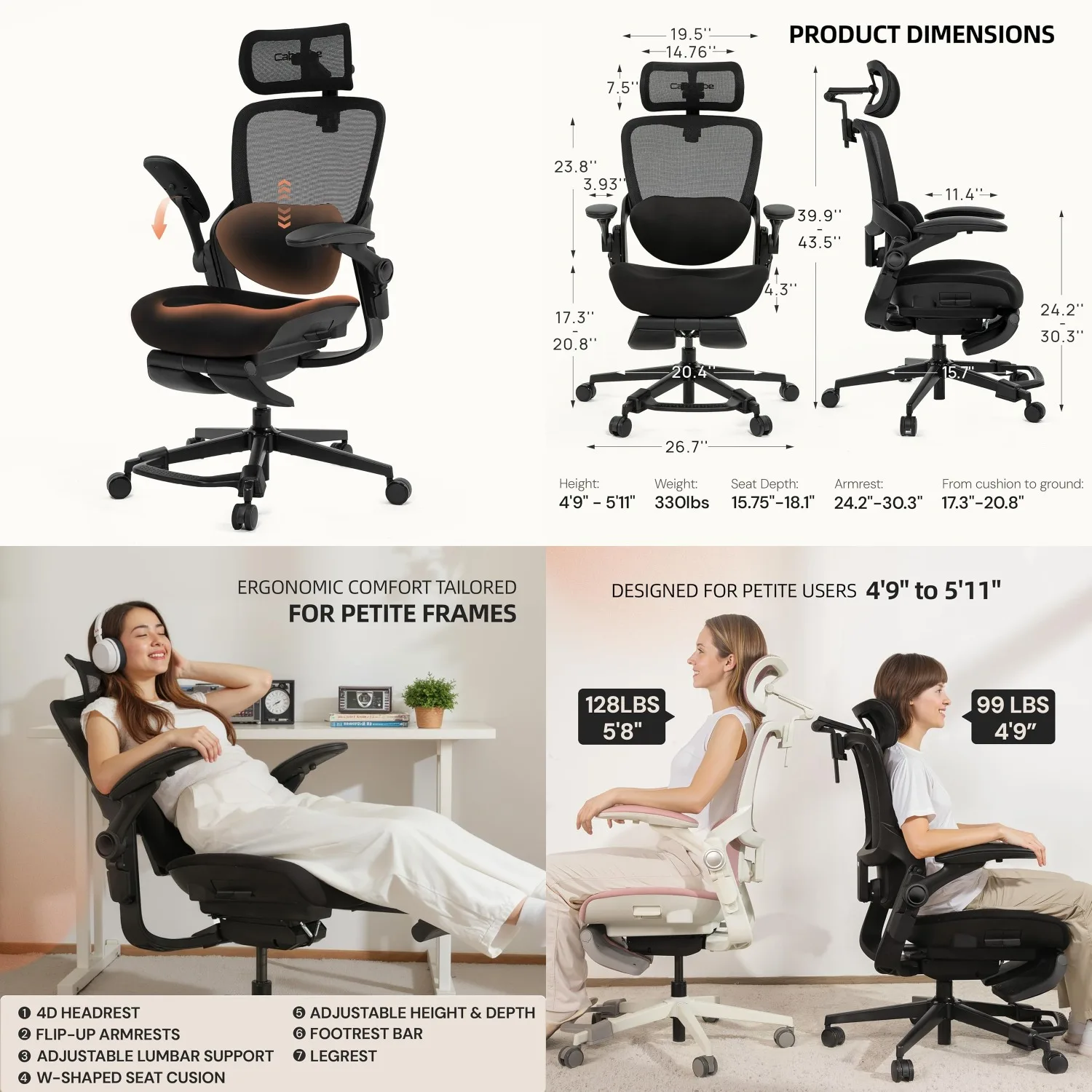 

Petite Office Chair for Women Small Frames 330lb 4D Adjustable Lumbar Headrest Flip-Up Arms Footrest Ergonomic Desk Customized