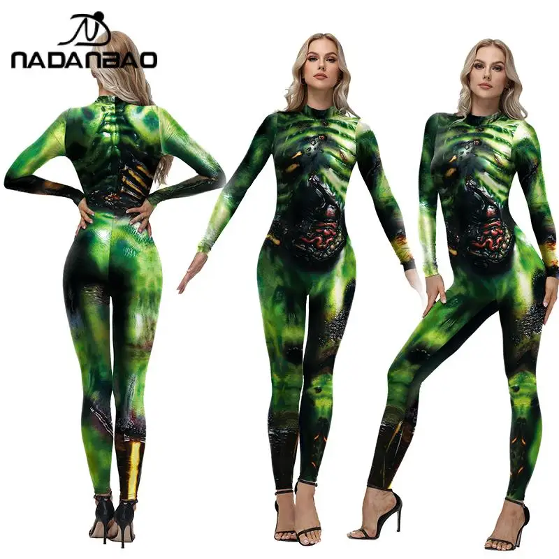 

Nadanbao Green Zombie Monster Print Jumpsuit Halloween Horror Cosplay Costume Long Sleeves Women's Bodysuit Elastic Soft Zentai