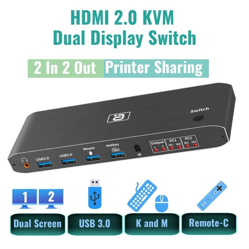 

HDMI2.0 KVM Switcher 4K 60Hz 2x2 Dual Monitor Extended Copy Display USB 3.0 for 2 PC Sharing Printer Keyboard Mouse Screen