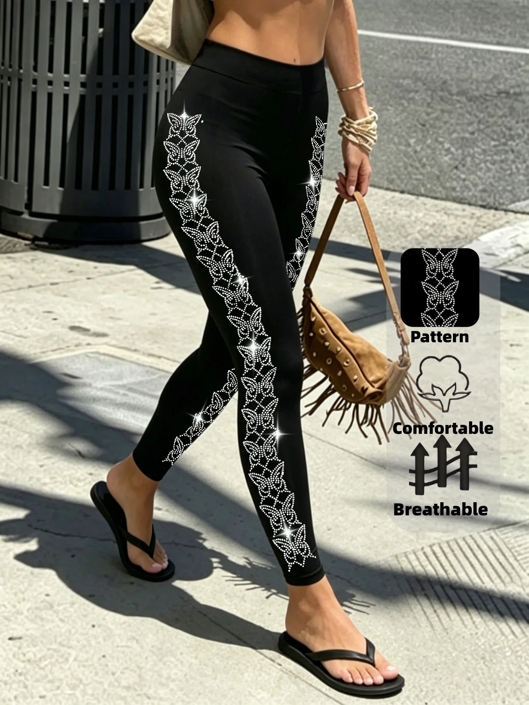 Women's Rhinestone Butterfly Pattern High-Waist Leggings Black High-Stretch Slim-Fit Full Length Pants for Night Out Casual Wear