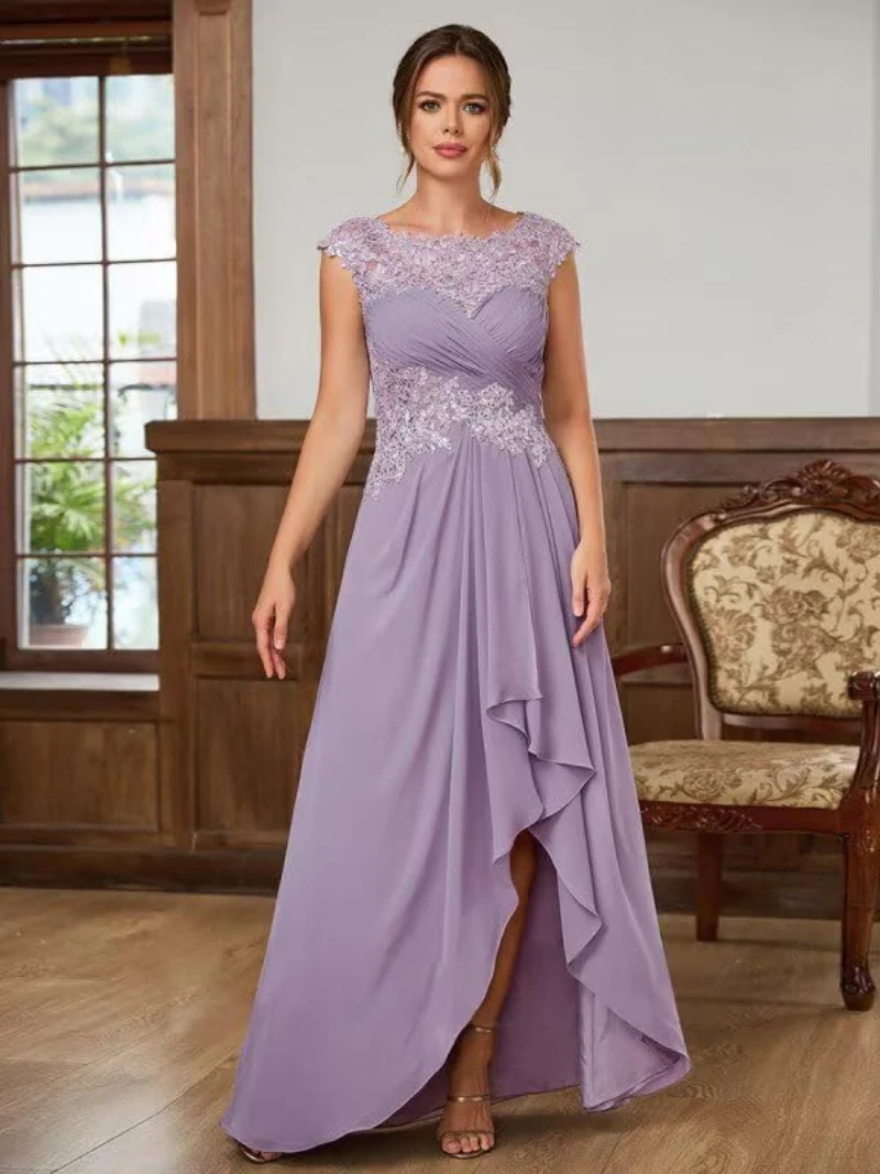 

Tea Length Mother of The Bride Dresses for Women Chiffon High Low Crew Neck Formal Evening Party Gown