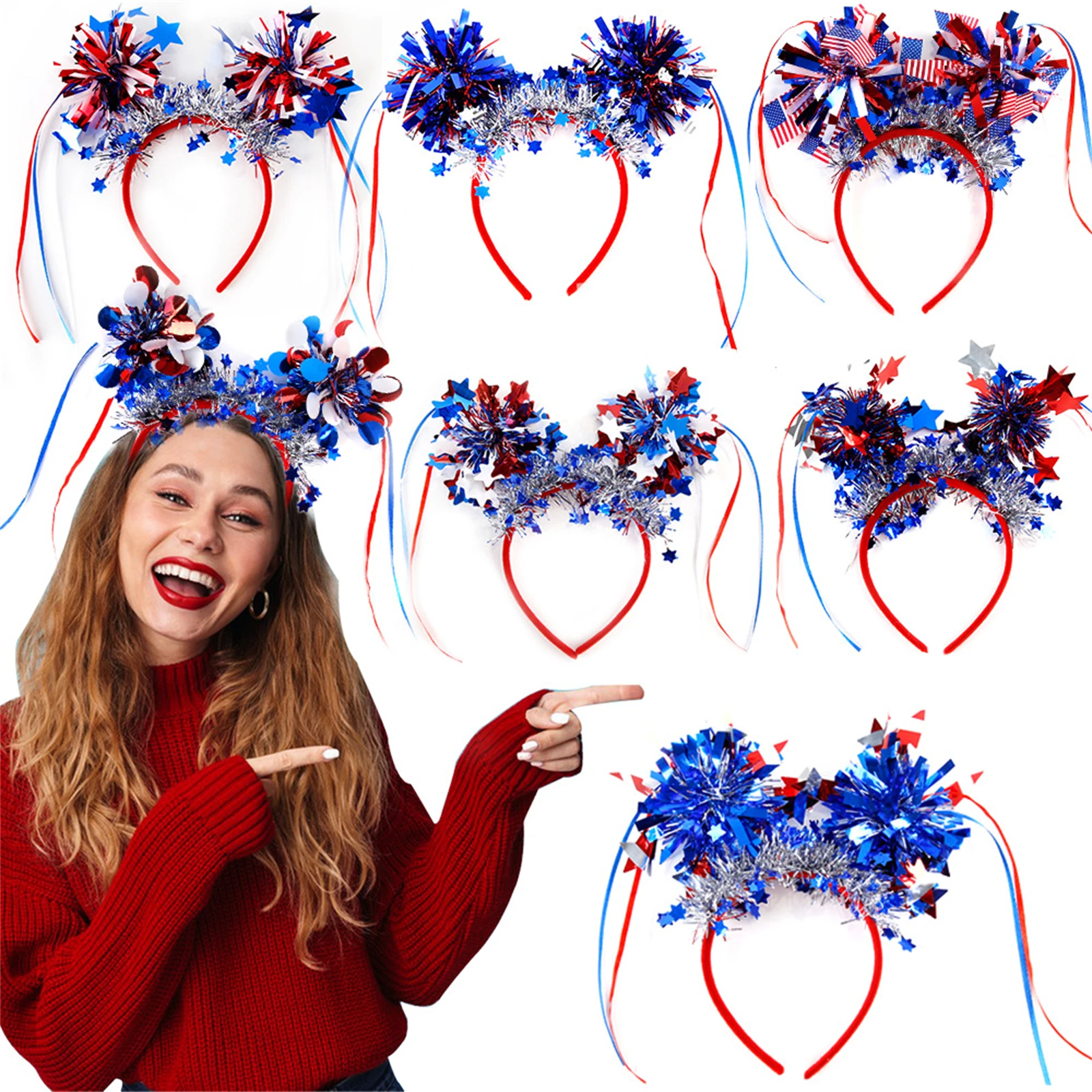 

Independence Day headband with red white blue stripes adorned American flag five pointed star headband party decoration