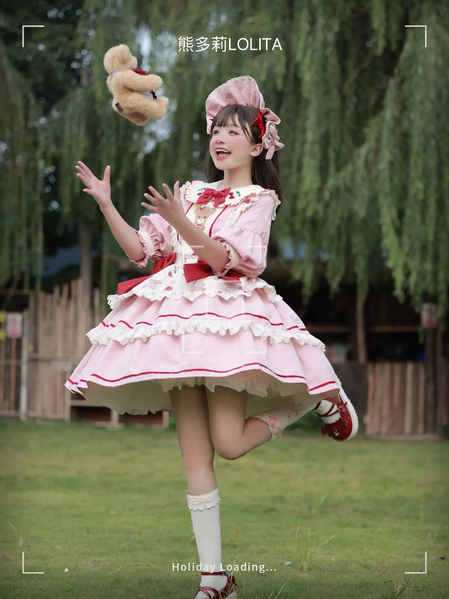 

Japanese Lolita Dress Girls Cheery Bear OP Dresses Women Harajuku Long Sleeves Cute 2023 Cosplay Dress Party Time