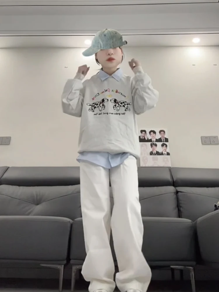레트로 아메리칸 카툰 스팟 도그 라운드 넥 스웨트셔츠 여성용 봄 가을 루즈 오버사이즈 롱 슬리브 탑 시크 홍콩 스타일