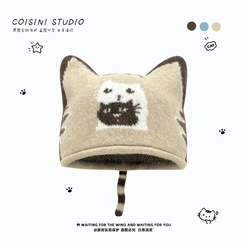 Niedliche Katzen-Jacquard-Strickmütze für Herbst und Winter, Modische und Warme Ohrenschutz-Katzenohr-Beanie-Mütze für Frauen – Detail 3