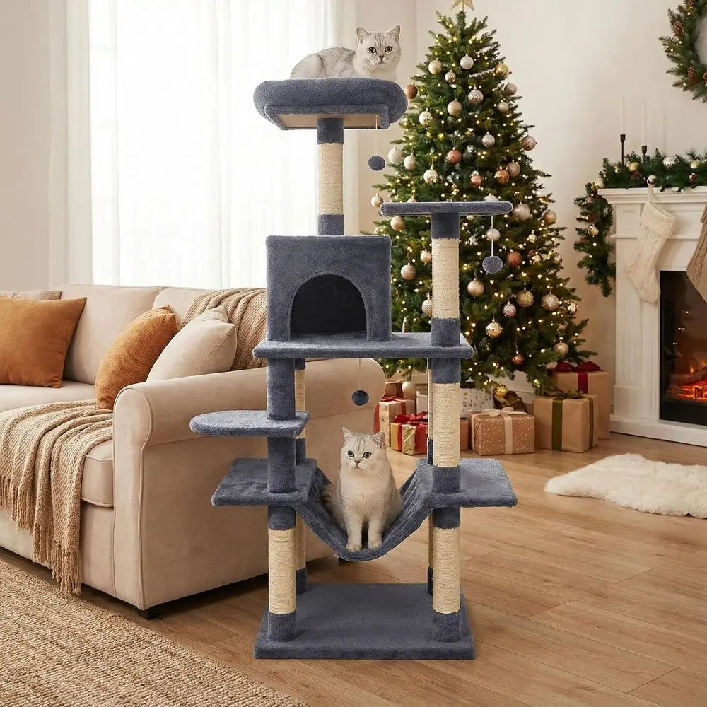 

58 Inch Multi-Level Cat Tower with Sisal Posts, Padded Perch, Condo, Hammock, Hanging Balls for Indoor Cats (Gray)