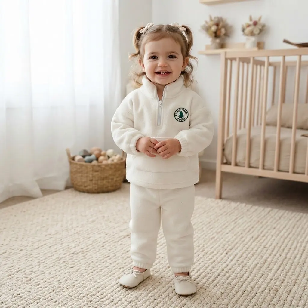 Baby Fleece 2Pcs Outfit, Half Zip Stand Collar Sweatshirt+Elastic Pants, Neutral Solid Color Toddler Autumn Winter Tracksuit
