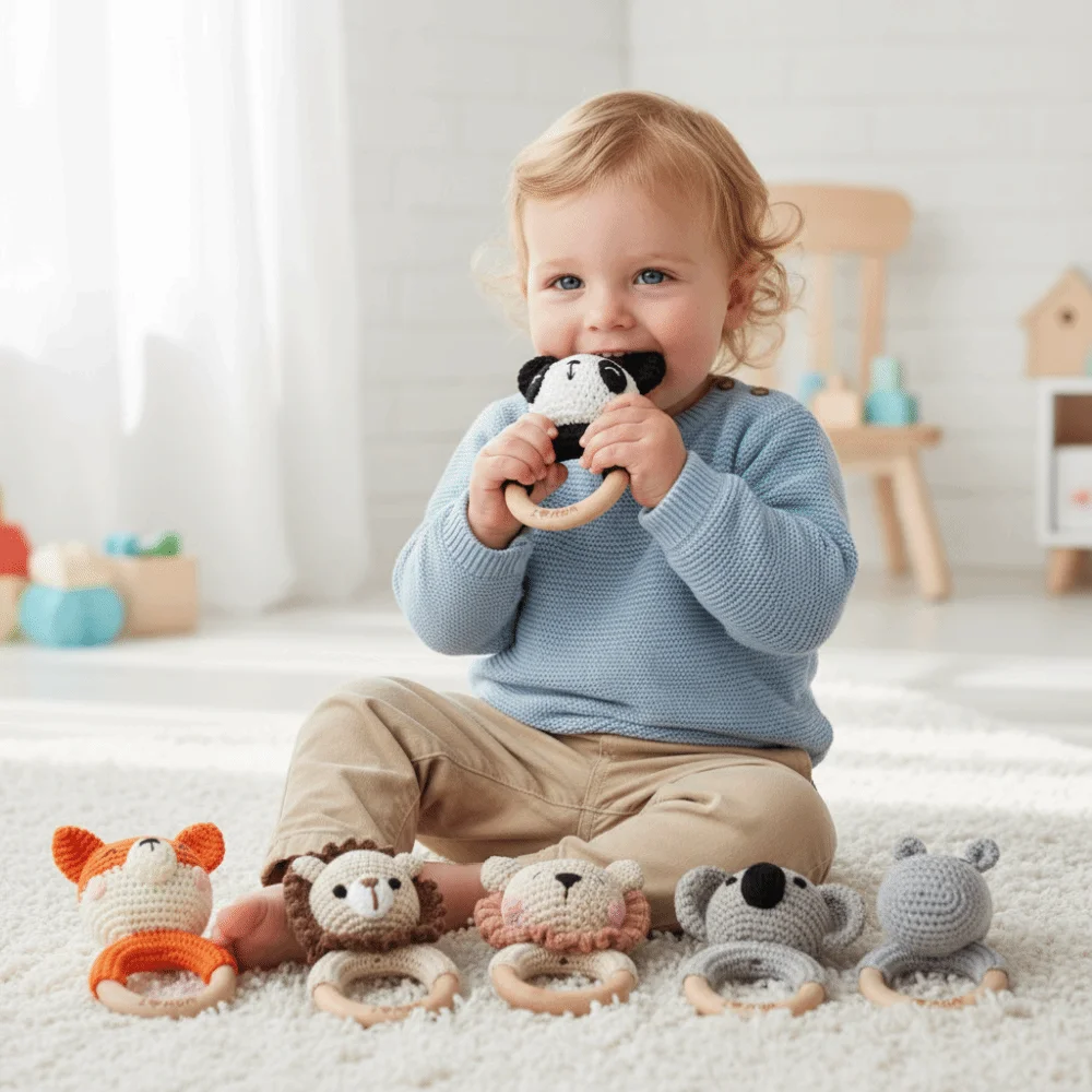 Chocalho de bebê leão, panda, elefante em forma de animal design de desenho animado crochê chocalho animal coala, raposa, hipopótamo função musical