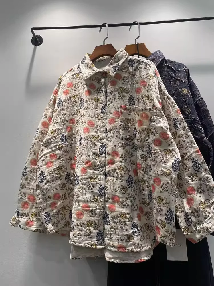 

2025 Cotton yarn long sleeve blouses for women spring autumn Japan style loose printed shirts plus size tops