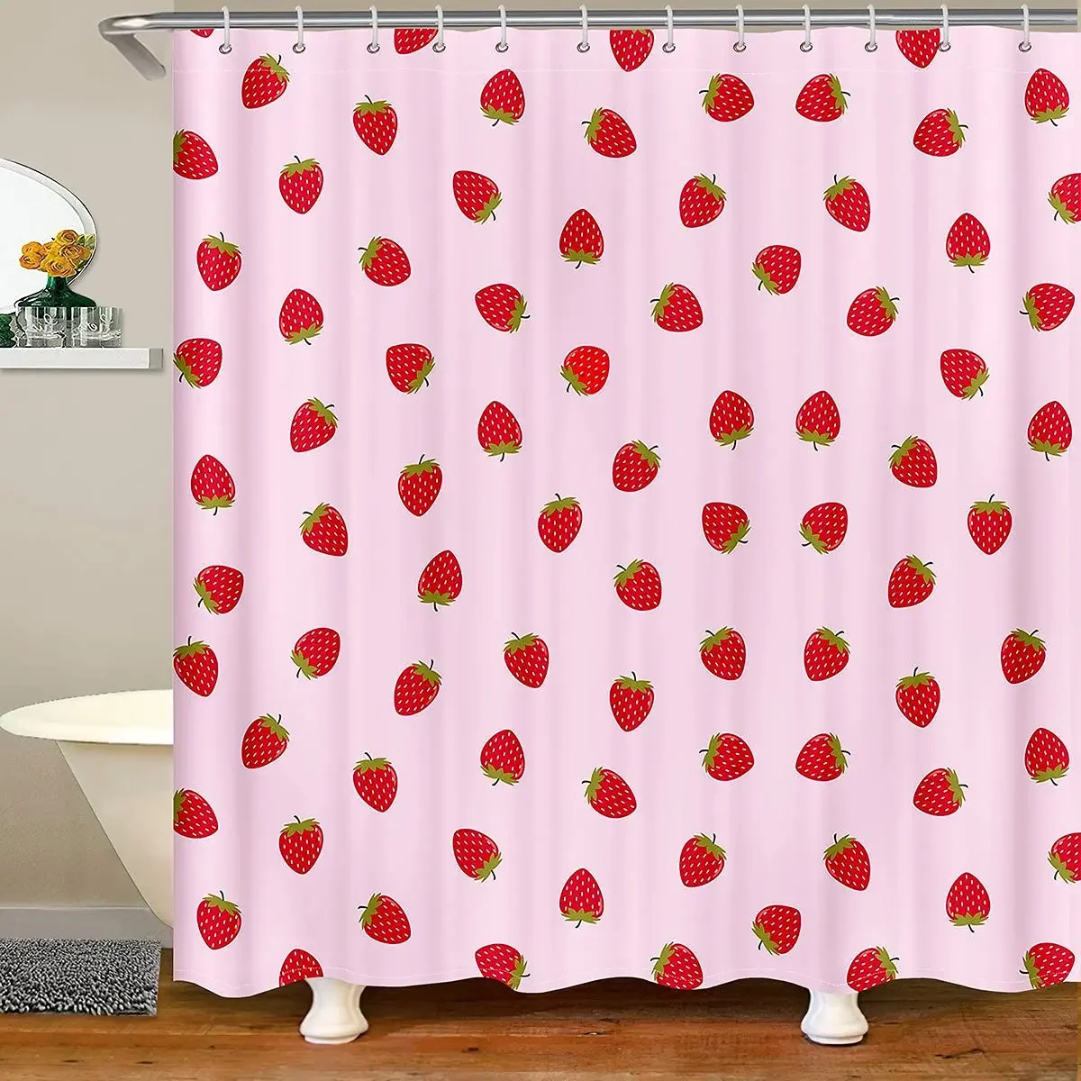 Pink Strawberry Shower Curtain for Bathroom Watercolor Strawberries Spring Summer Fruits Decor Fabric Bath Curtains with Hooks