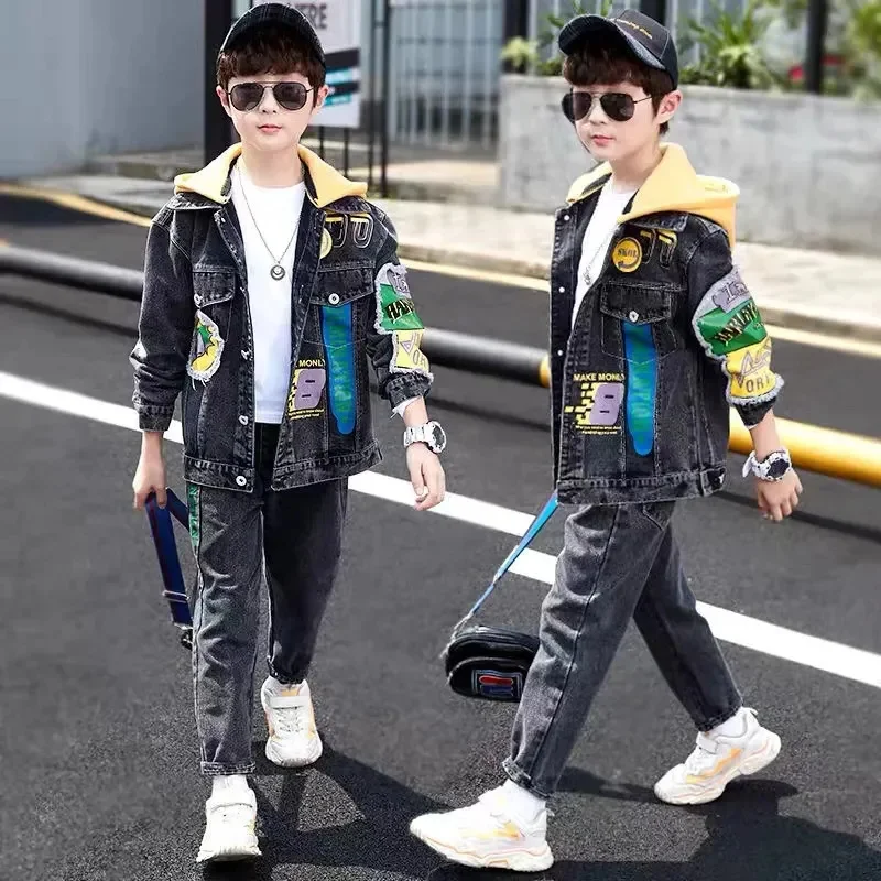 

Children Boy Denim Clothing Set Teenager Clothes Spring Suit 2024 New Korean Fashion Cowboy Two Pieces Hooded Patchwork Pantset