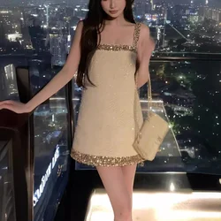 Tweed Shiny Party Sleeveless Dress Women with Small Fragrance Golden Sequins Fashion Sexy High Quality French Lady Mini Dress