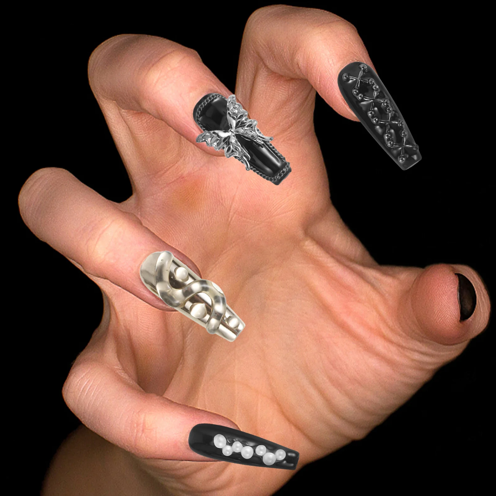 10 stuks zwarte pers op nagels volledige dekking gothic kruis vlinder nail art lange nep kunstnagels halloween party manicure
