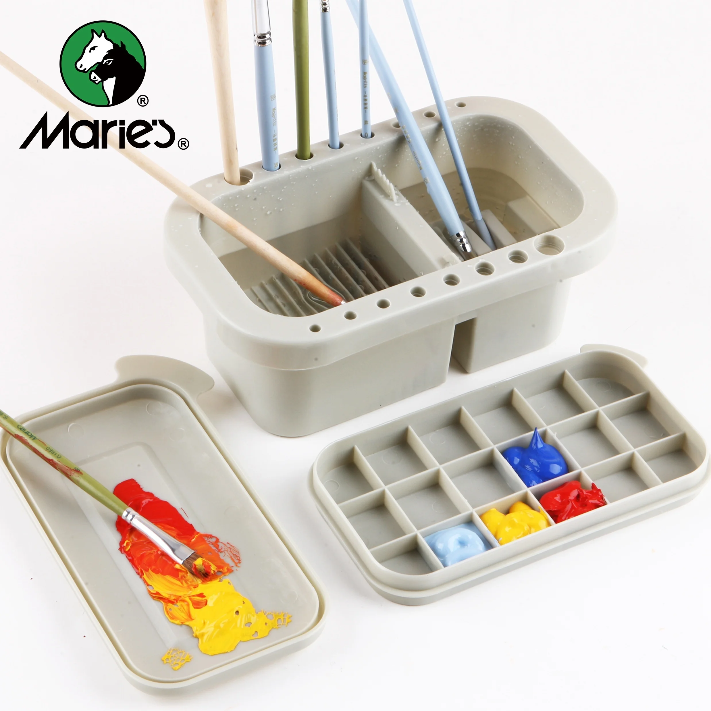Marie's Multi-Use Paint Brush Basin with Brushes Holder,Washer,Trays,Palette Box,Cleaner Cup for Oil,  Gouache Painting with Lid