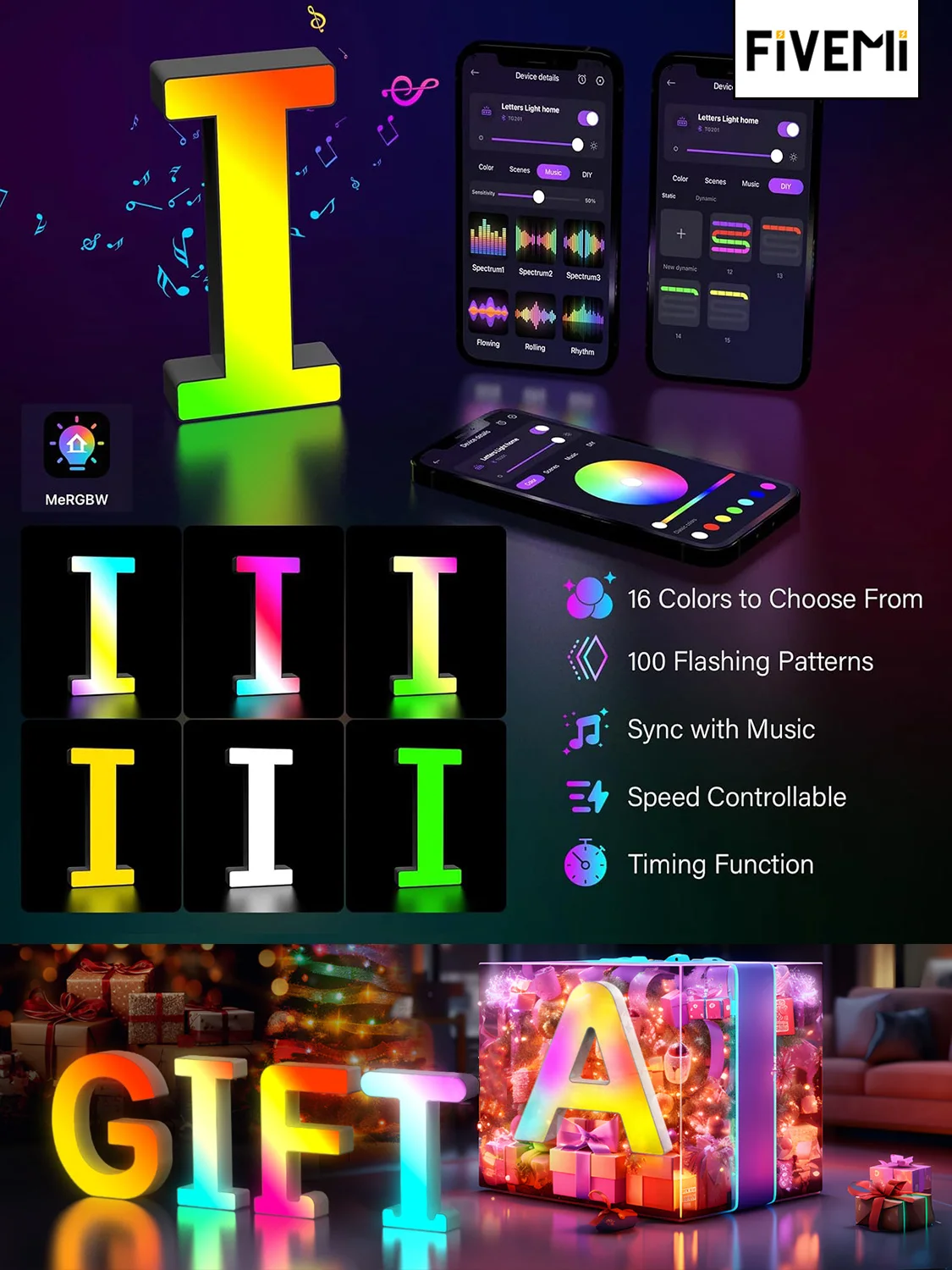 Decorative Letters Light Smart APP with 128+ Scenes DIY Music Sync Night Light Wedding Birthday Party Christmas Lights Letter I