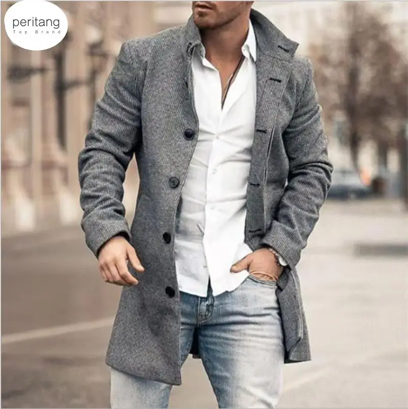 

Autumn Mens Brand Treanch Coats Stand Fashion Long Jacket Overcoat Casual Solid Slim Pocket Coats Black White Outwear