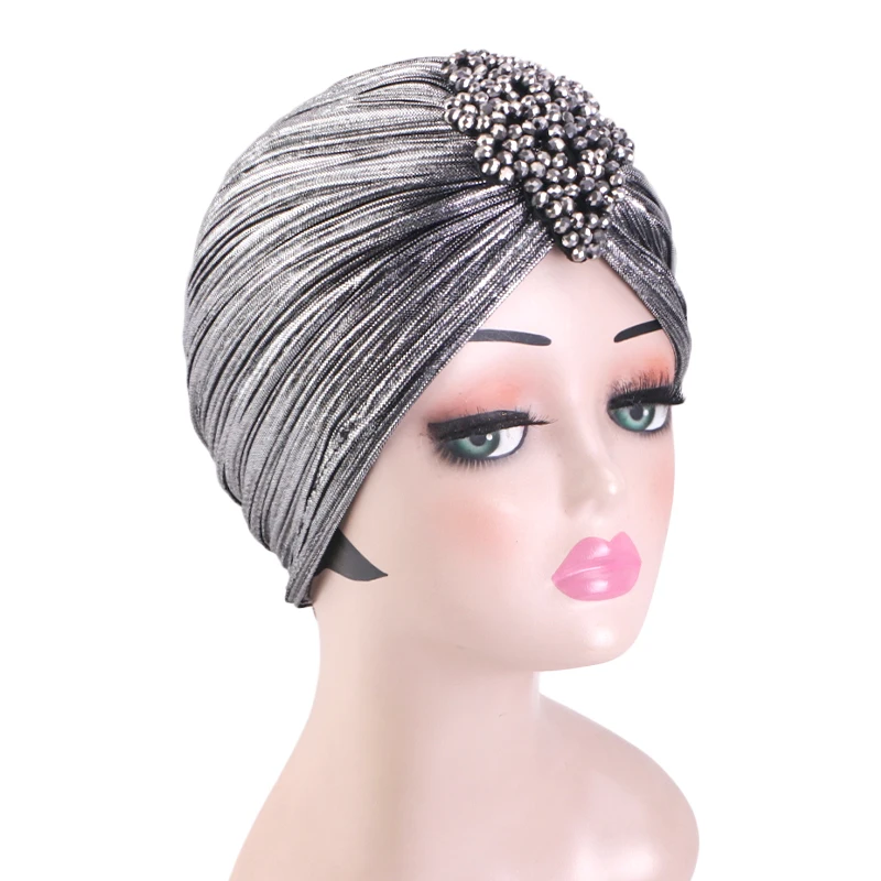 New Women Luxury Metallic Shinny Ruffle Turban Muslim Head Wrap With Beaded Flower Lady Chemo Bandanas Hijab Hair Accessories