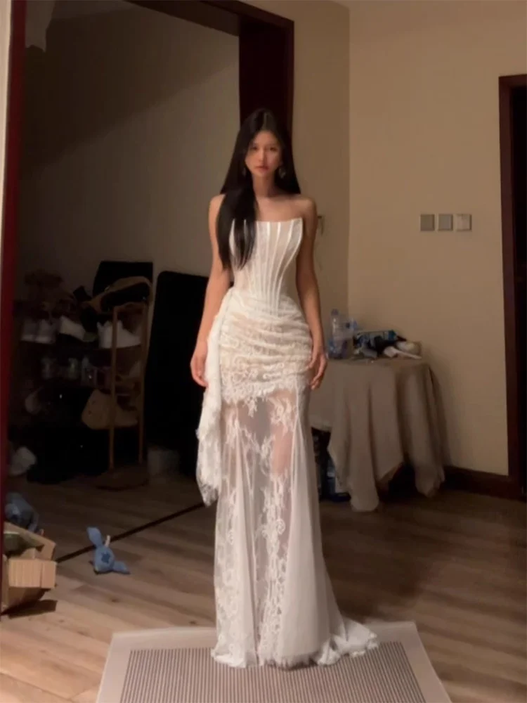 

Sexy Lace Fishbone Strapless Dress Women Winter Long Dress Slim Fit French Style No Brand City Commute Party Casual Long Gown
