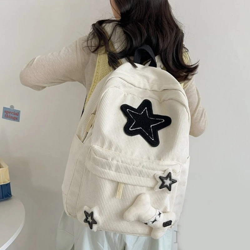 Cute Y2K Aesthetic Backpack Stars Pattern Preppy Rucksack College Student Computer Backpack Corduroy Bookbag for Girl