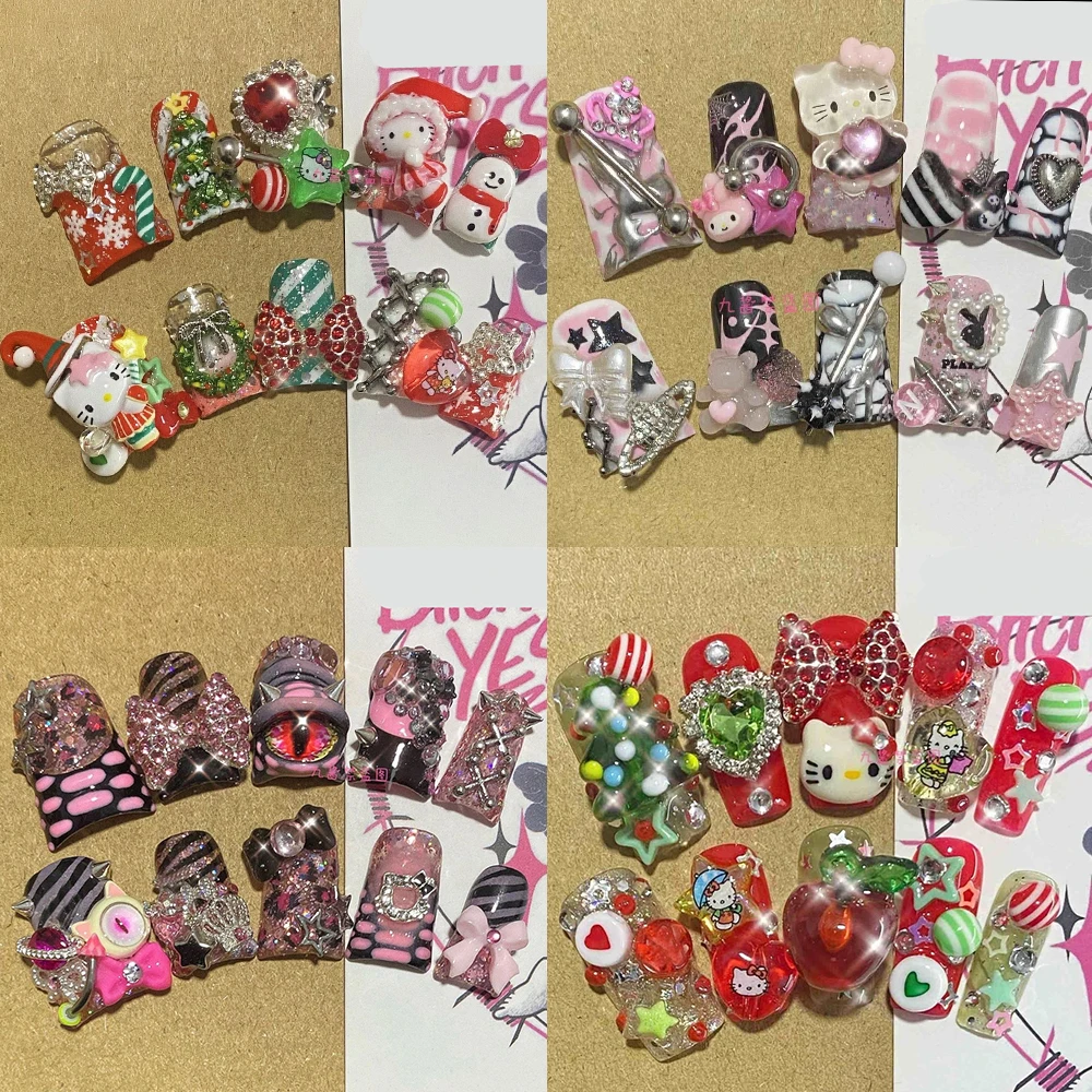 

Y2K Spicy Girl Sanriod Christmas HelloKitty Square Handmade Press On Nails Pearl Butterfly Knot Reusable Duck Web Fake Nail Gift