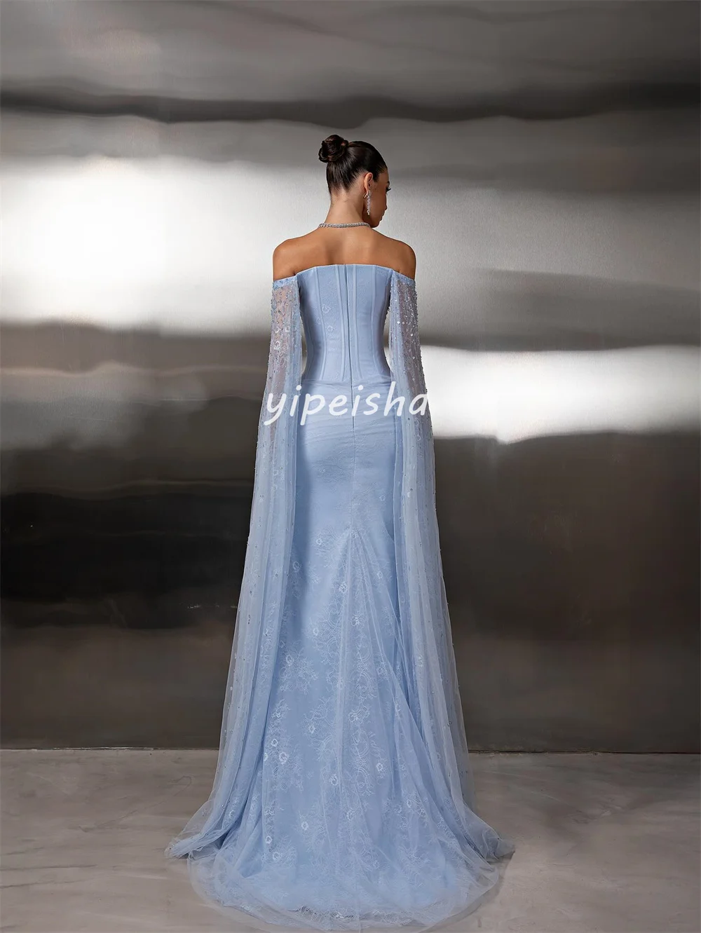 Aangepaste mode glitter kant plooi strass lovertjes kralen zeemeermin off-the-shoulder lange jurken op maat gemaakte gelegenheidsjurken