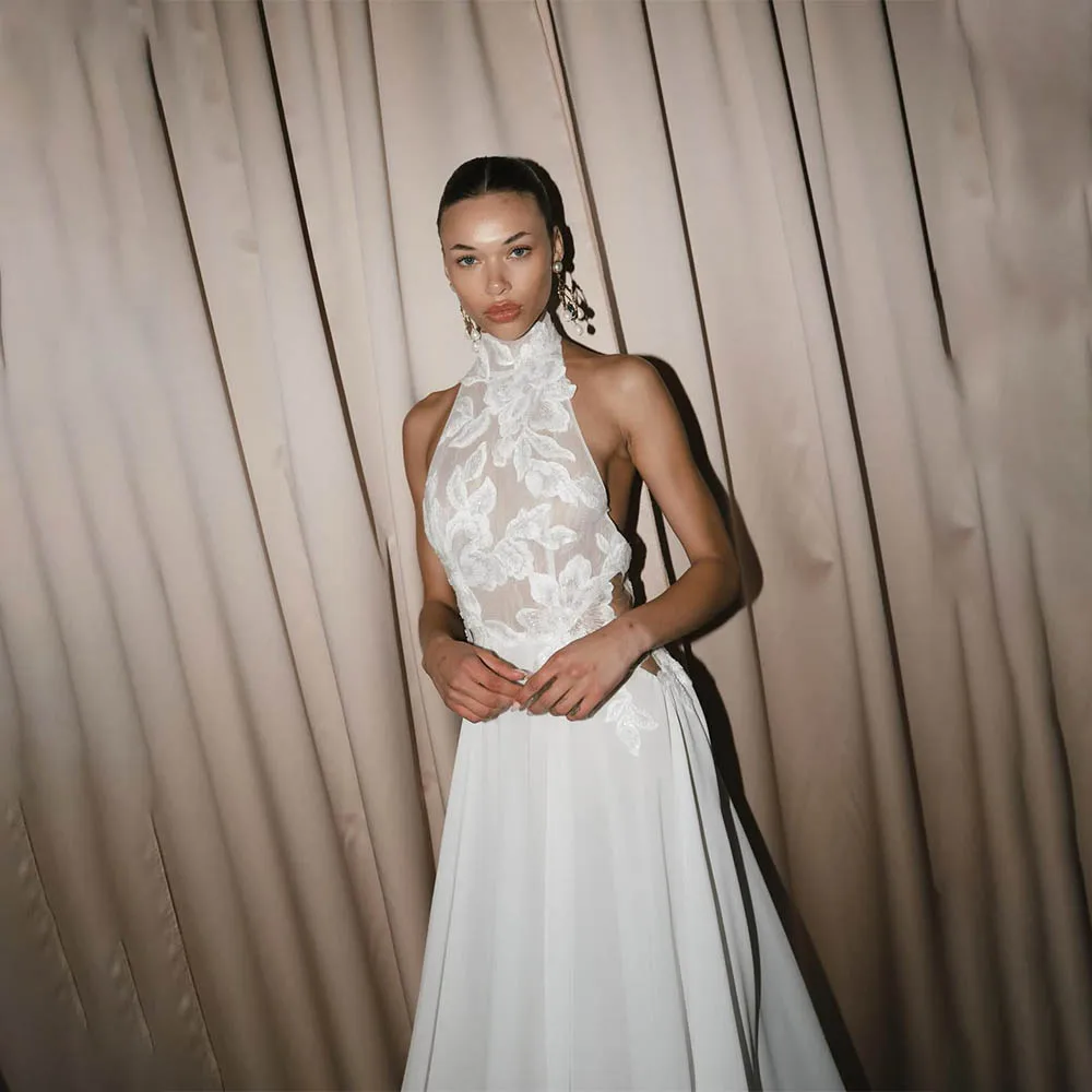 Unique Halter Lace Applique Bridal Grown A Line Wedding Dresses Custom Made 2026 Vestido De Noival