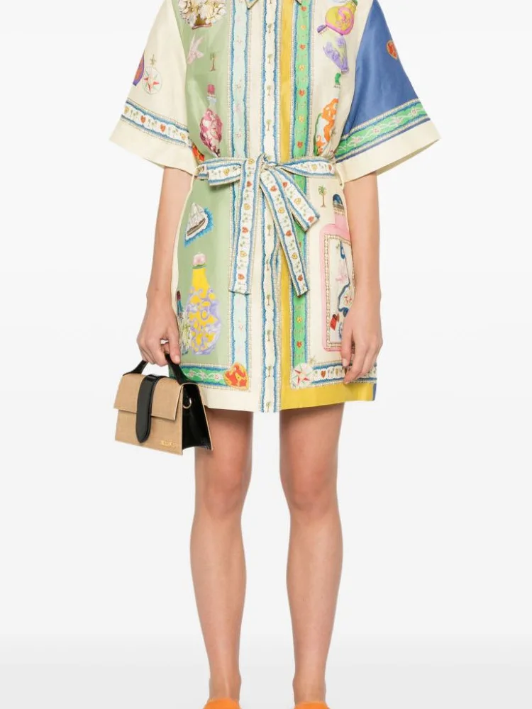 

Ladies Floral Print ort Sve Dr with Belt A-Line Skirt Casual Comfortable Loose Fit Collar No Ironing Required