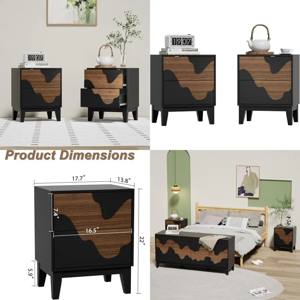 زوج من طاولات النوم الحديثة، طراز منتصف القرن بنمط مائي، لمسات خشبية لطاولات جانبية لغرفة النوم