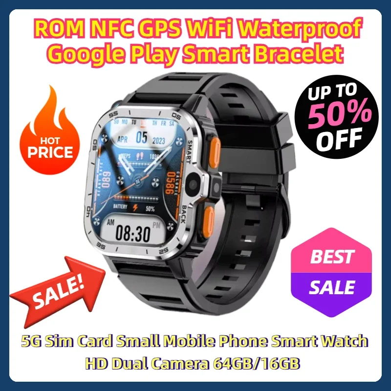 

ROM NFC GPS WiFi Waterproof Google Play Smart Bracelet 5G Sim Card Small Mobile Phone Smart Watch HD Dual Camera 64GB/16GB