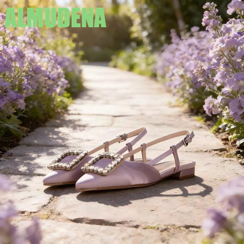 

Water Diamond Square Buckle Toe Sandals Fashionable and Versatile Summer Low Heel Straight Buckle Strap Design Pointed Sandals