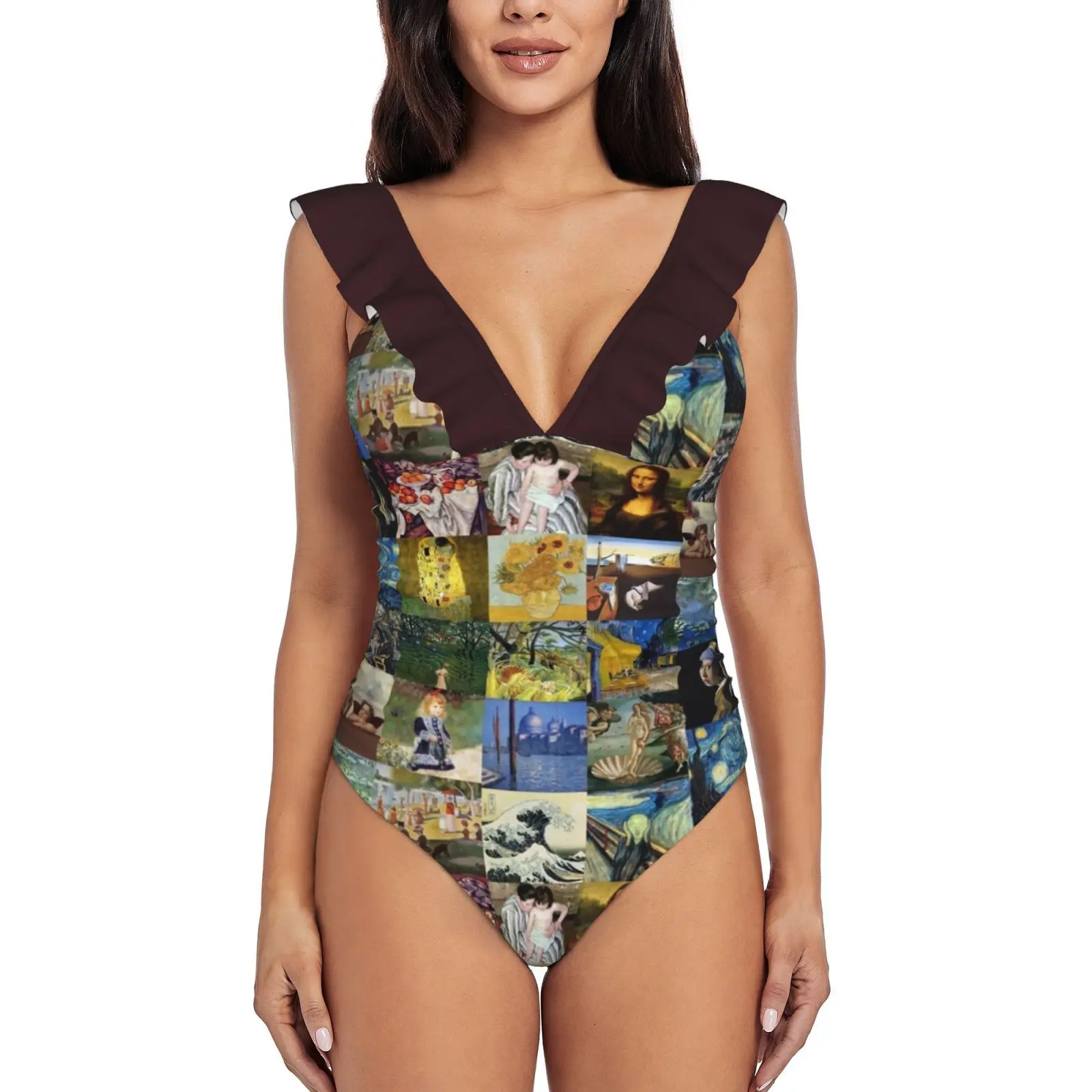 Famous Artwork Women Swimsuit One Piece Backless Swimwear Sexy Beach Wear Summer Bathing Suits Leonardo Da Vinci Mona Lisa