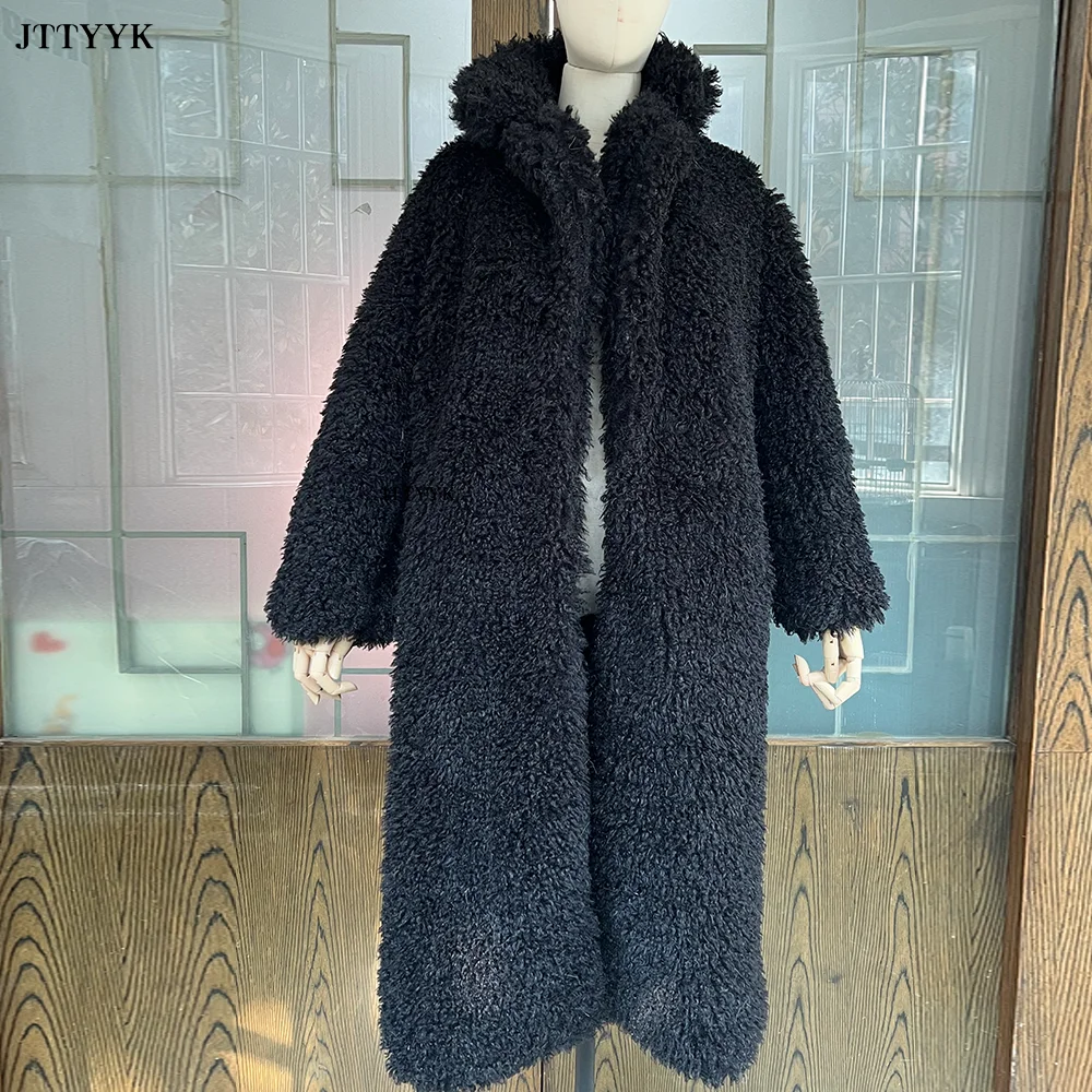 European Fashion Black Long Faux Fur Coat  Autumn Winter Women Warm Fluffy Plush Jacket Large Size Female Overcoat Outwear 2023