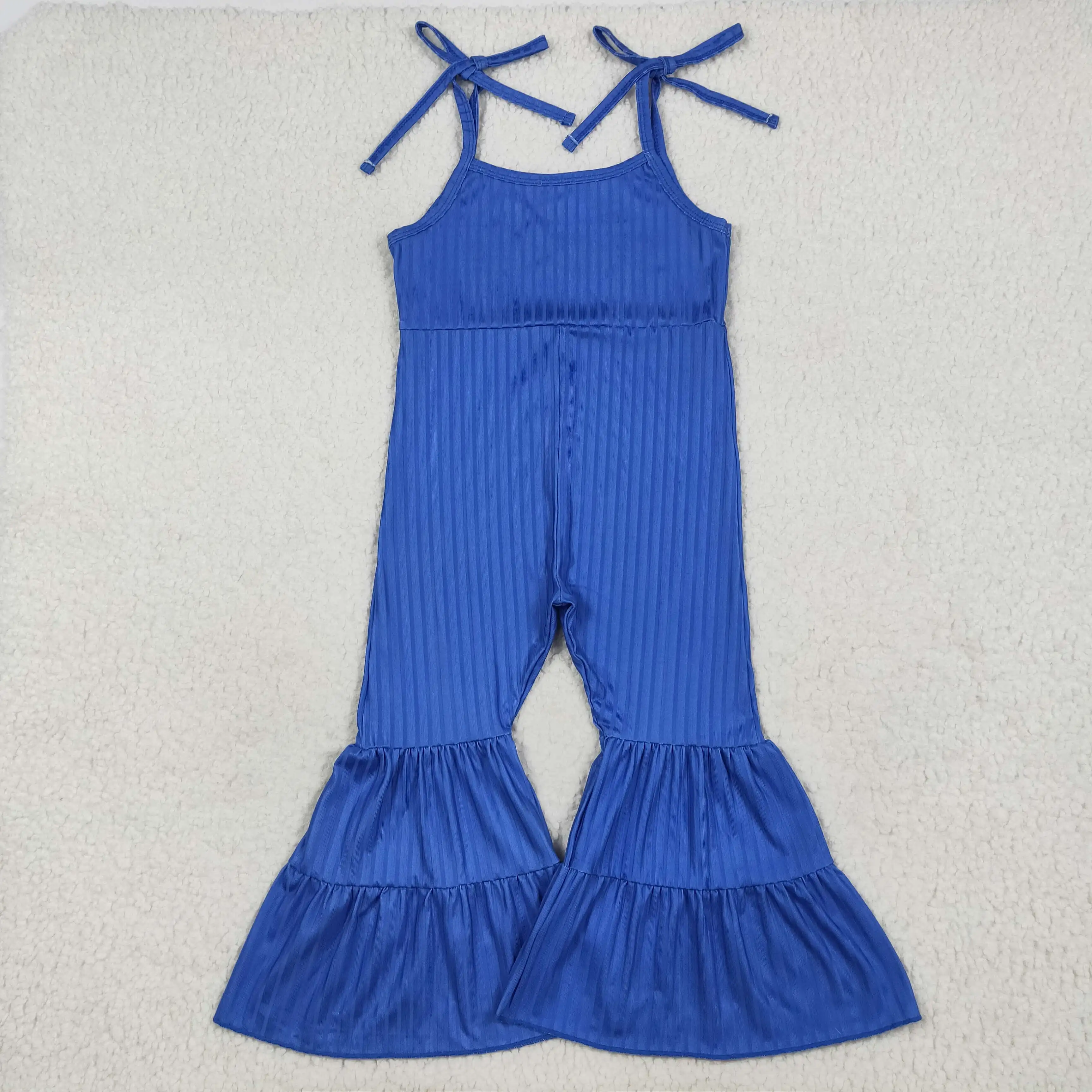 

Baby Girls Royal Blue Ribbed Jumpsuit with Straps Patchwork Ruffle Bell Bottom Kids Fashion Outfit for Special Occasions