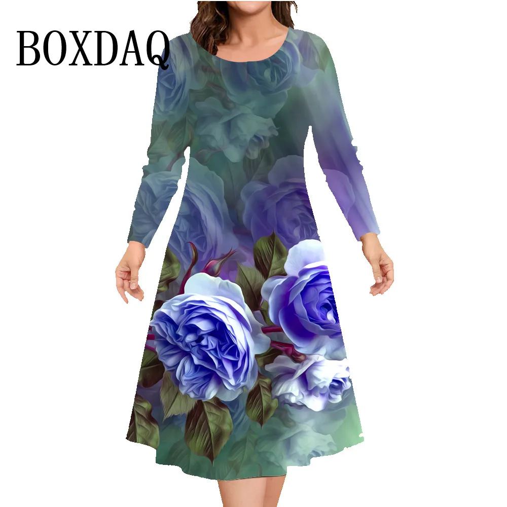 Flower O-Neck Dress Casual Loose Print Dresses Women Fashion Party A-Line Dress Autumn Winter Long Sleeve Plus Size Clothing 9XL