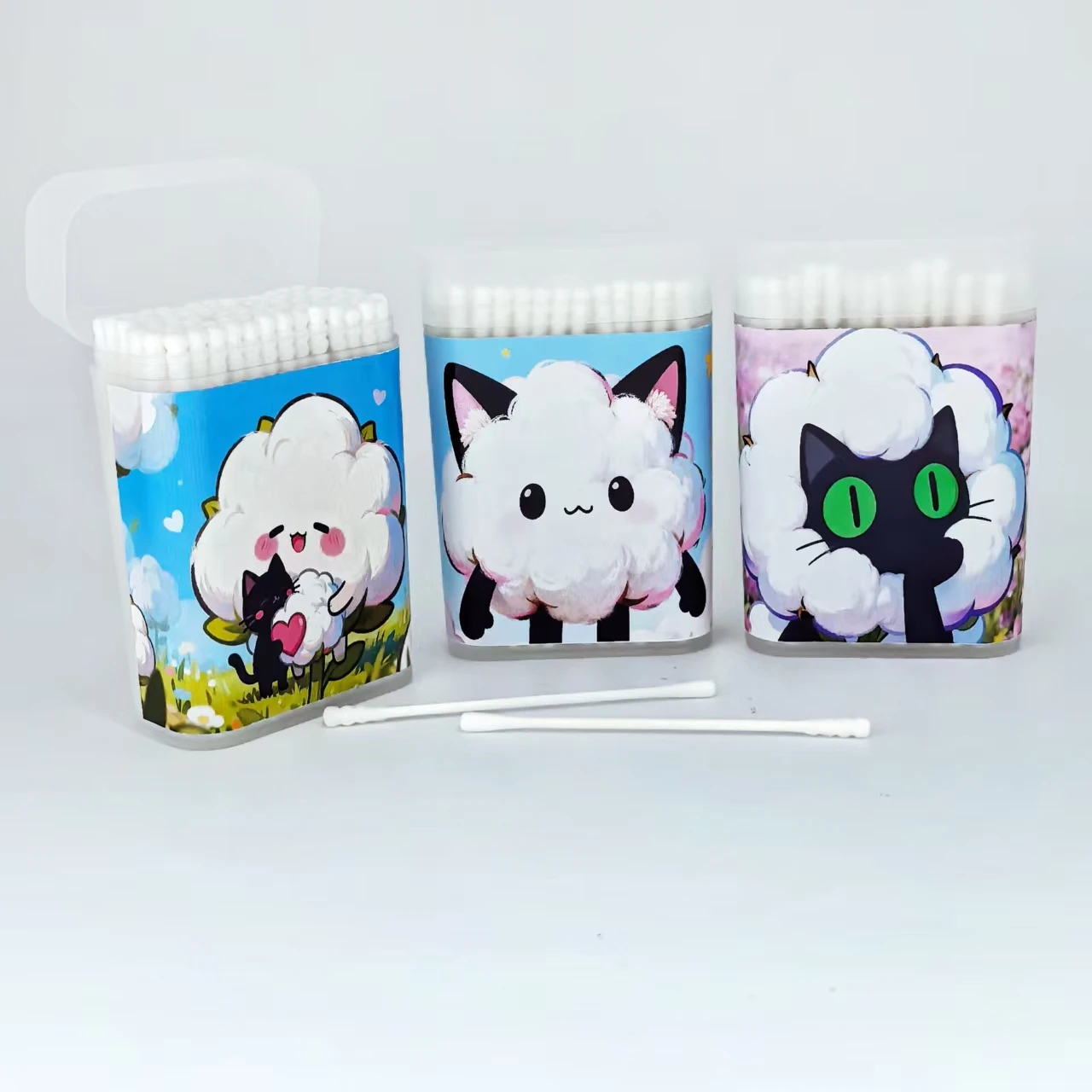 귀여운 검은 고양이 요소 면봉 300개, 미세 축 나사형 원형 면봉 스틱