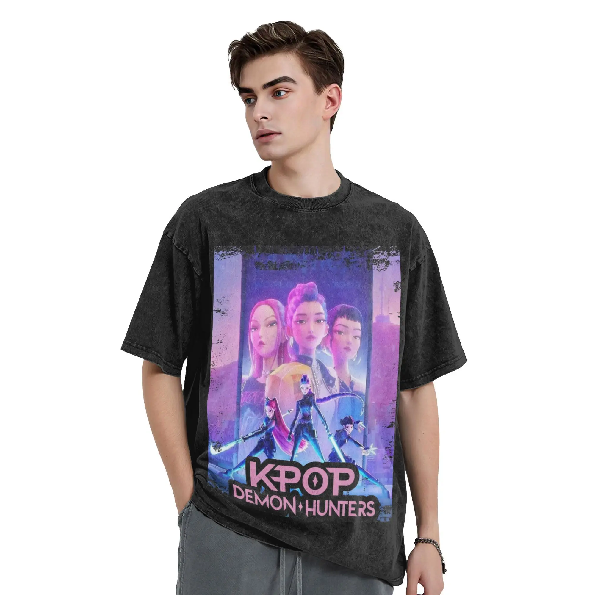 

K-Pop Demon Hunters Huntrix Headline Washed Футболка Уличная одежда в стиле хип-хоп Ретро футболки для мужчин и женщин 100% хлопок Harajuku