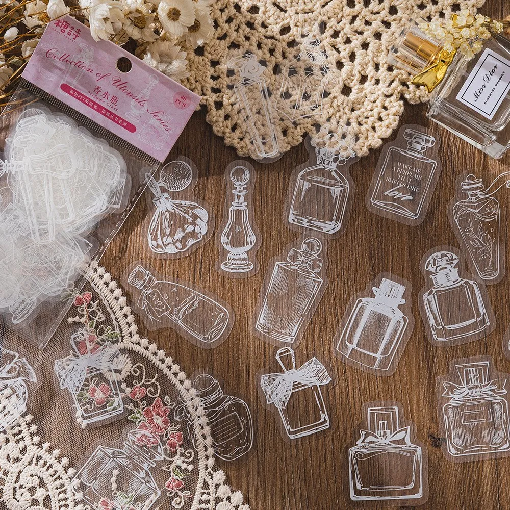 40 Pcs Transparent Glassware Bottle Shape Stickers Sticker PET Transparent Photo Frame Decals Stickers For Scrapbooking Planner