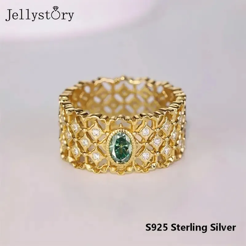 JellyStory Light Luxury Hollow Ring S925 Sterling Silver Green Moissanite Full Inlaid Band Unique Design Stackable Jewelry Gift