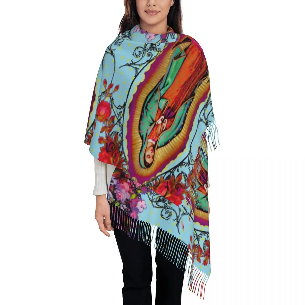 

Christian Catholic Scarf for Womens Fall Winter Pashmina Shawls and Wrap Virgin Mary Long Large Scarves with Tassel