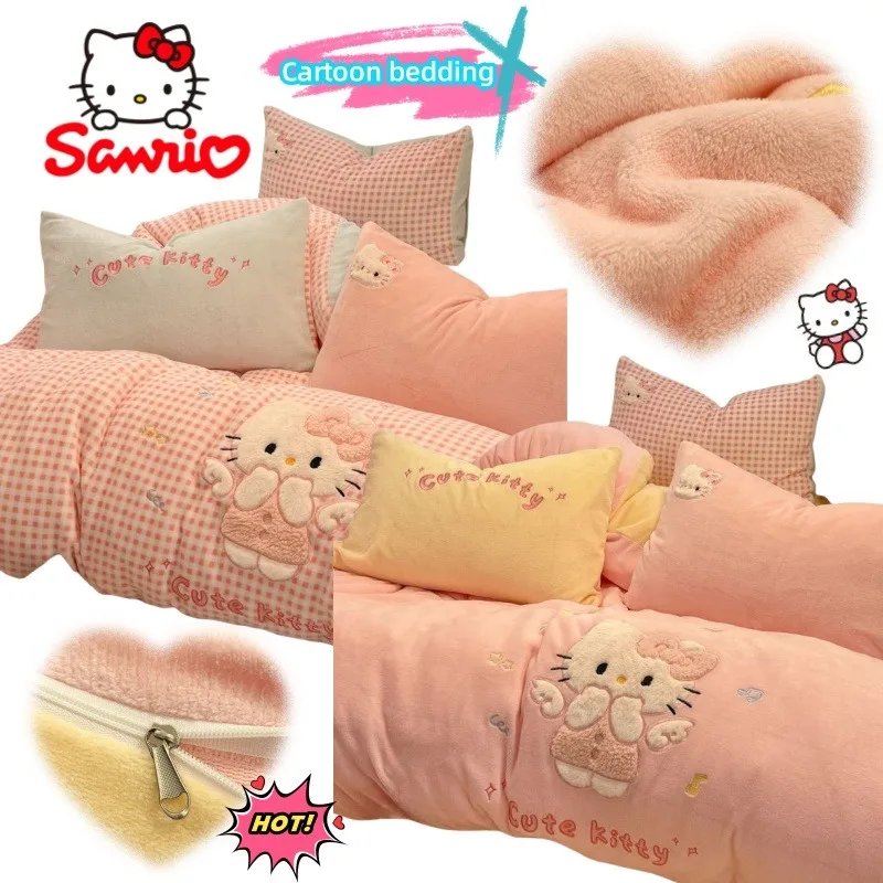

Sanrio Hello Kitty High-value Creative Quilt Cover Bed Sheet Four-piece Cartoon Student Dormitory Thickened Three-piece Bedding