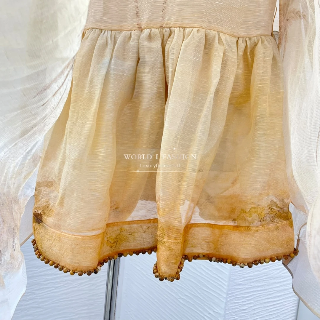 Beach Style Yellow Elegant Linen Silk High Quality Floral Print Sleeveless Women Holiday Mini Dress