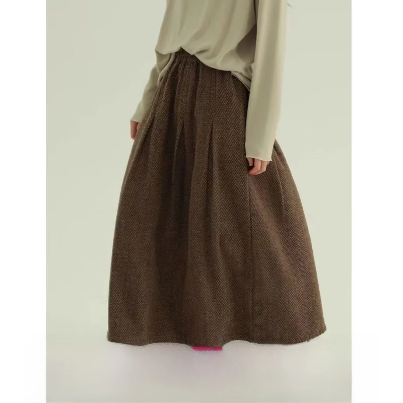 

Classic A-Line Woolen Skirt Casual Versatile Age-Defng Slimming Pure Color Button Elastic Waist Commute Sle Long Skirt