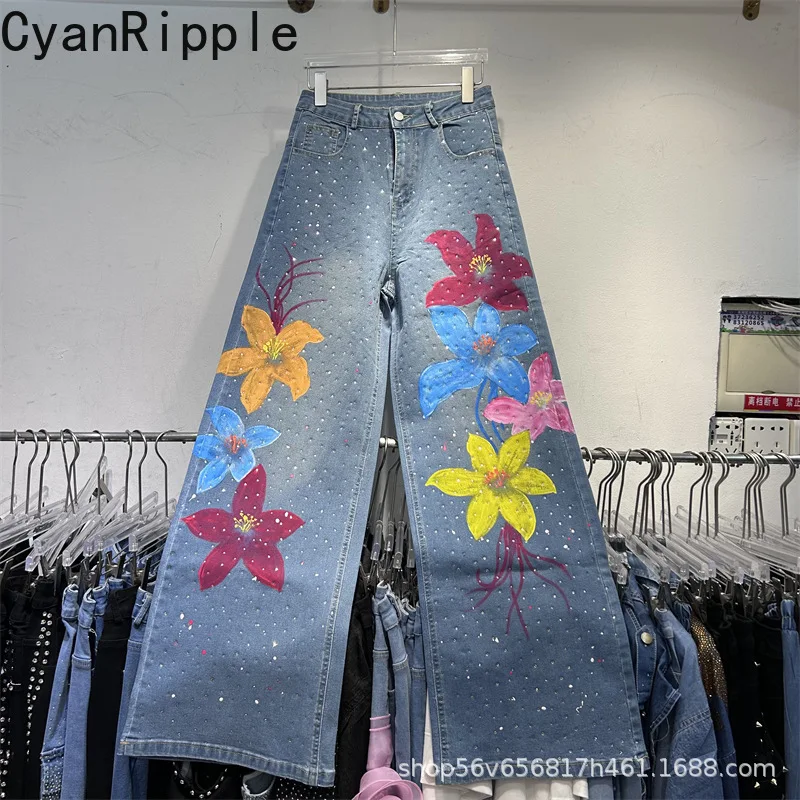

Модные повседневные длинные брюки с цветочным принтом и горячими бриллиантами, весна-лето, универсальные широкие прямые джинсовые брюки с высокой талией