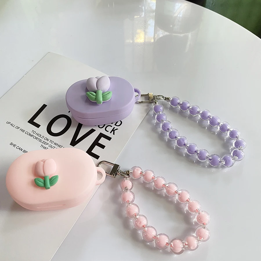 Cute Case for xiaomi Earbuds Basic 2S Case tulips / Daisy flower Earphone Silicone cover with Keychain Lanyard