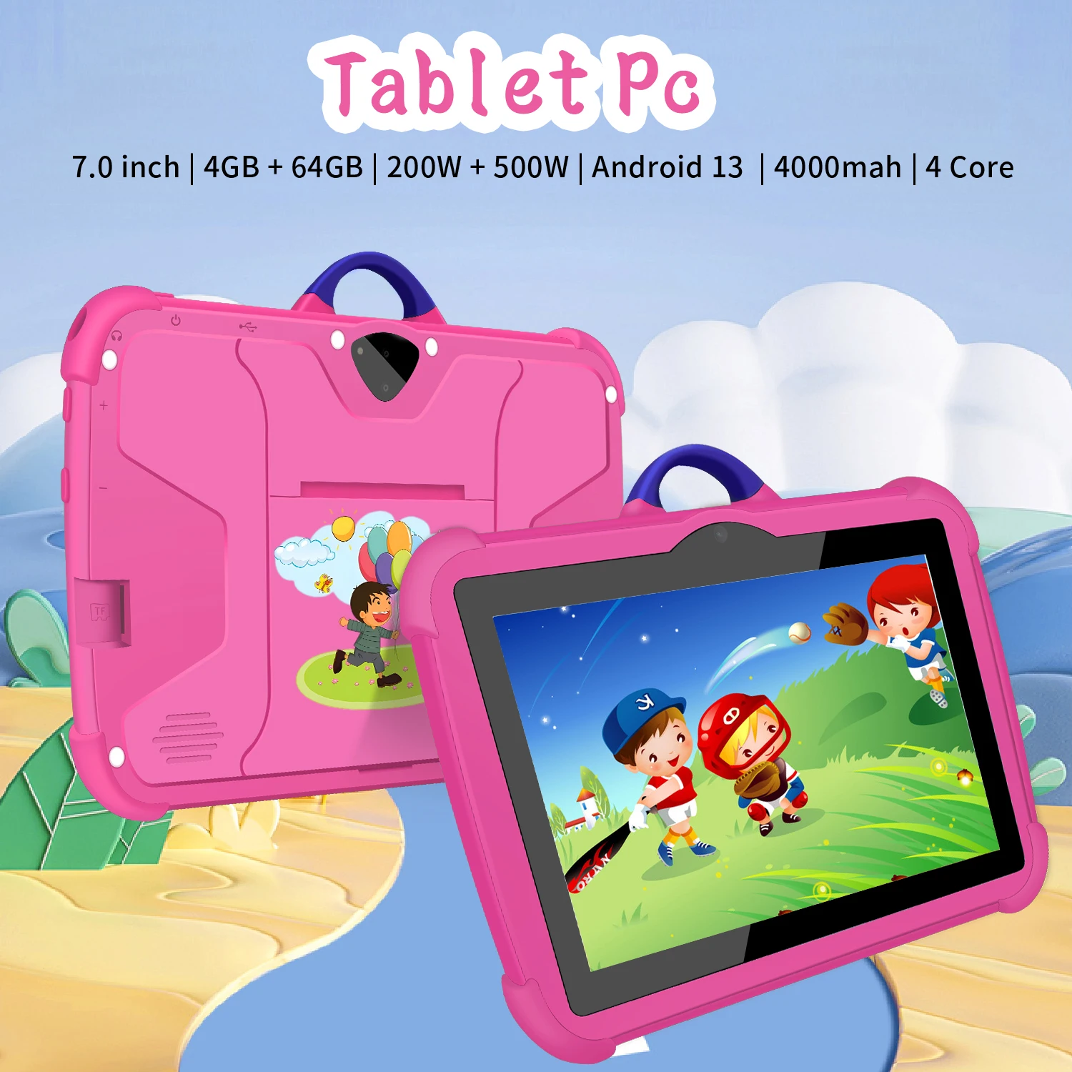 Tableta de 7 pulgadas para niños, 4GB de RAM, 64GB de ROM, aprendizaje, juego educativo, cuatro núcleos, 2024, mAndroid 13, novedad de 4000