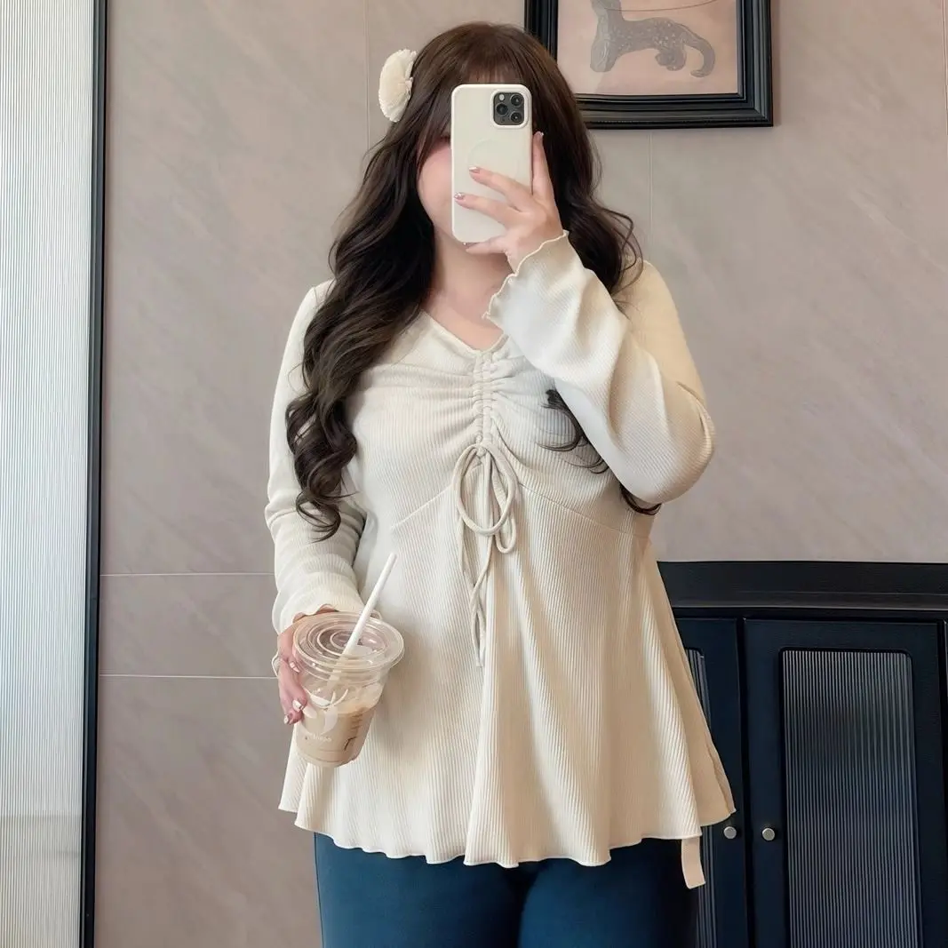 Plus Size Loose Elegance Blouses Spring Autumn V-Neck Long Sleeve Tops Solid Color Drawstring T-Shirt OL Casual Women's Clothing